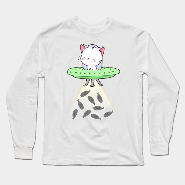 Funny white Cat is flying a spaceship Long Sleeve T-Shirt by Pet Station